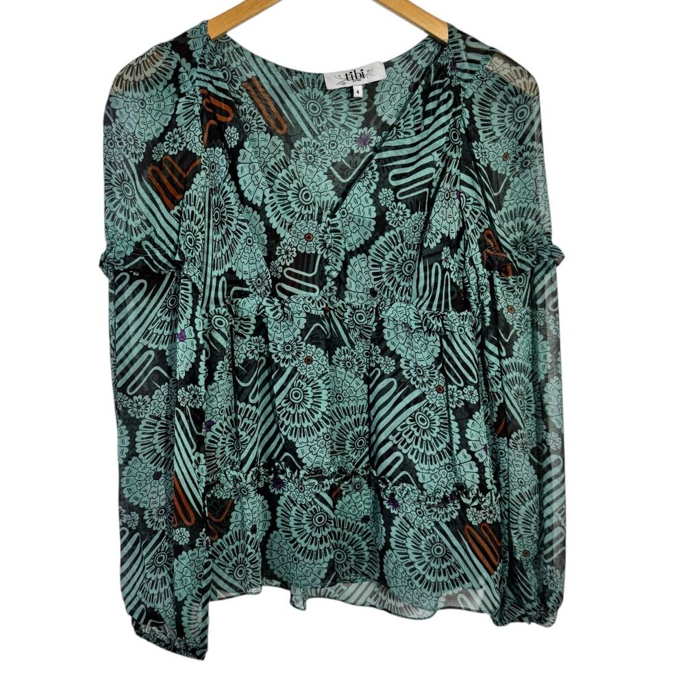 Tibi Babydoll Silk Sheer Y2K Blouse Top‎ Women 4 Blue Brown Floral Geometric